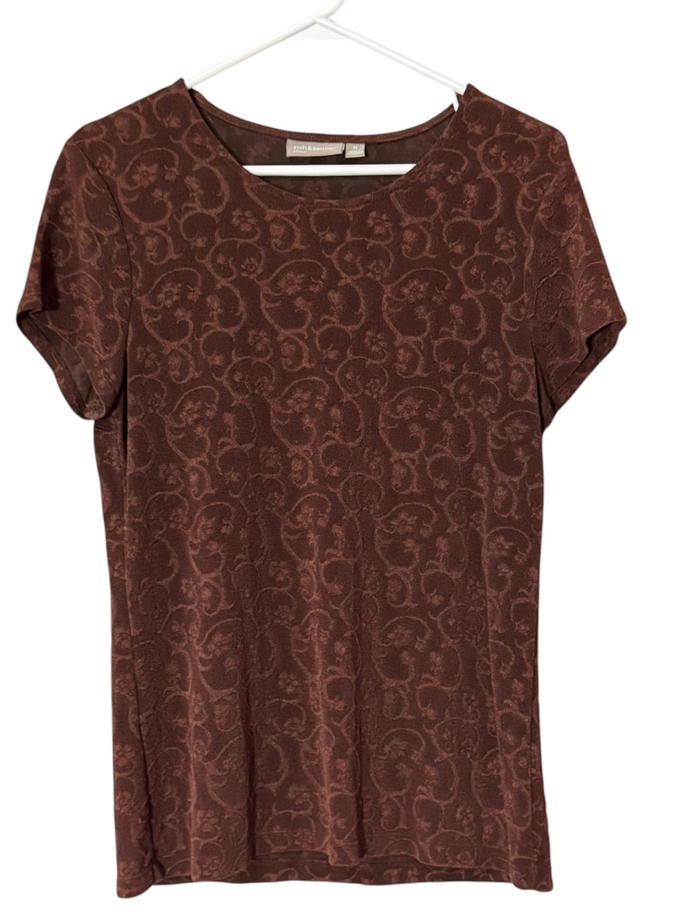 Croft & Barrow Stretch Women Size Medium Short Sleeve Shirt Paisley Brown Casual